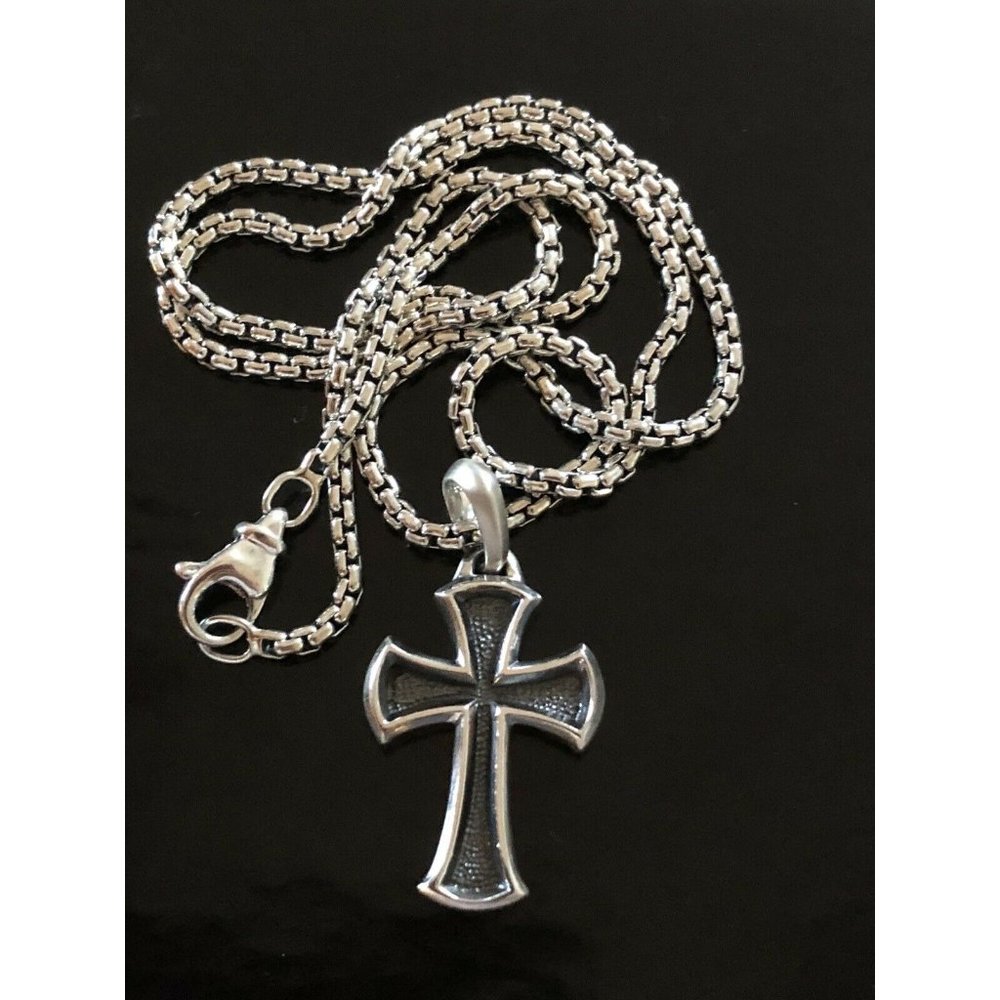 David Yurman Sterling Silver Armory Cross Amulet Necklace + DY Chain 2.7mm 20”